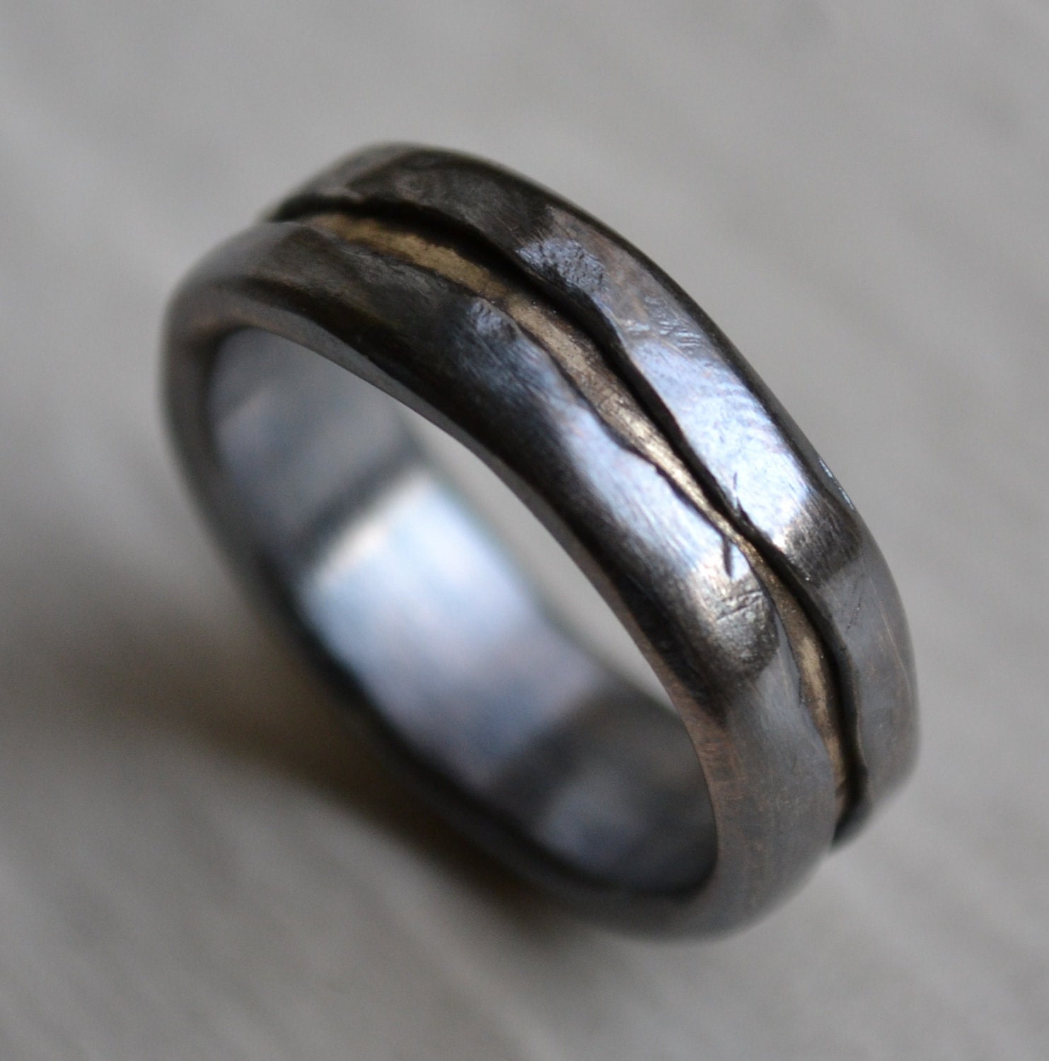 mens wedding band - rustic fine silver and brass ring - handmade oxidized artisan designed wedding or engagement band - customized