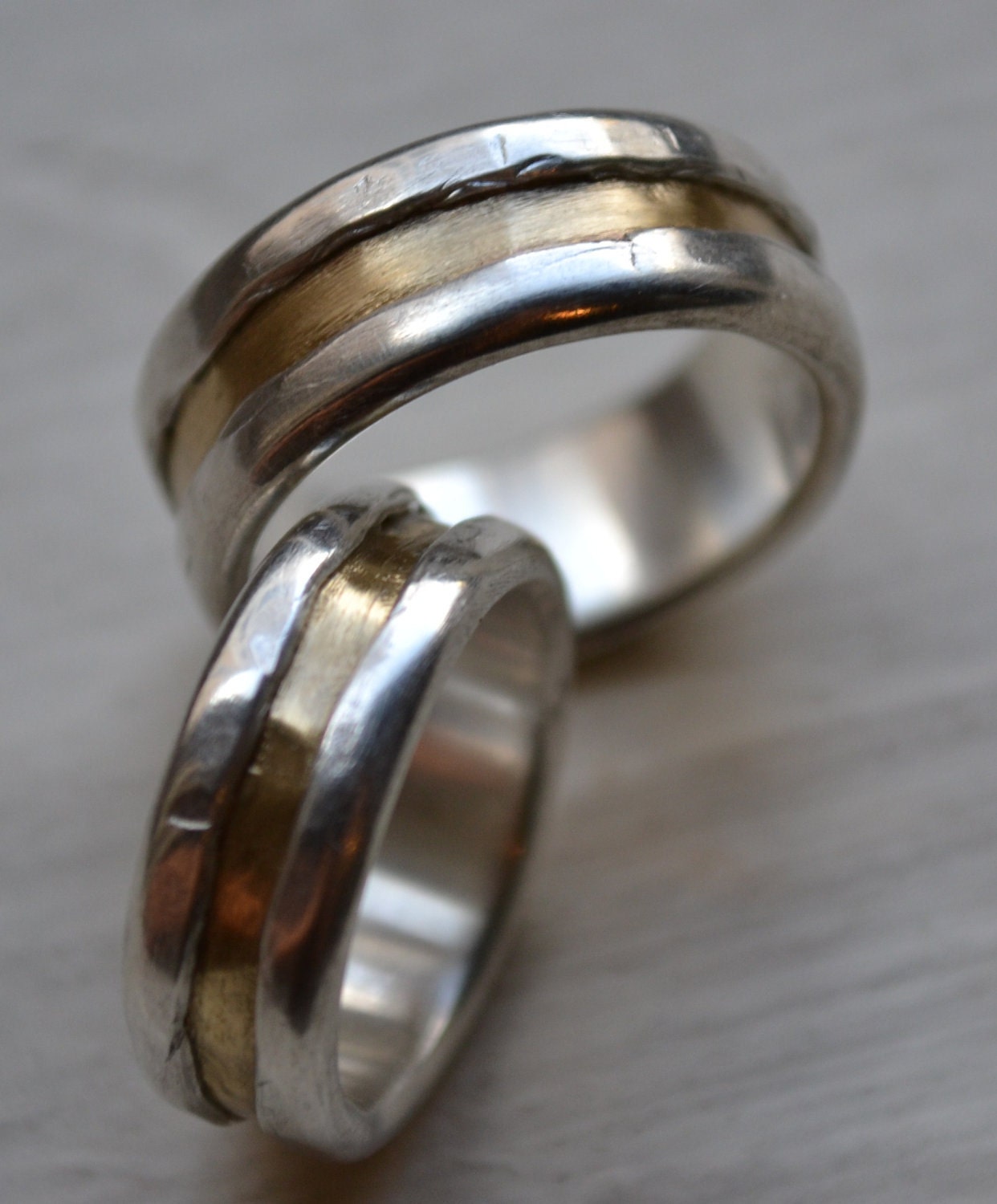 rustic wedding ring set - artisan designed handmade fine silver and brass wedding bands - rustic wedding bands - his and hers customized