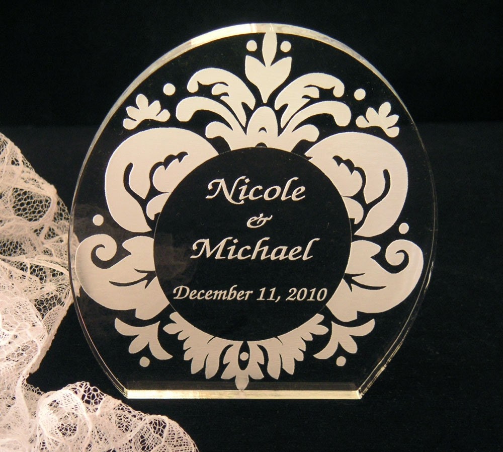 Damask Wedding Cake Topper - Engraved & Personalized