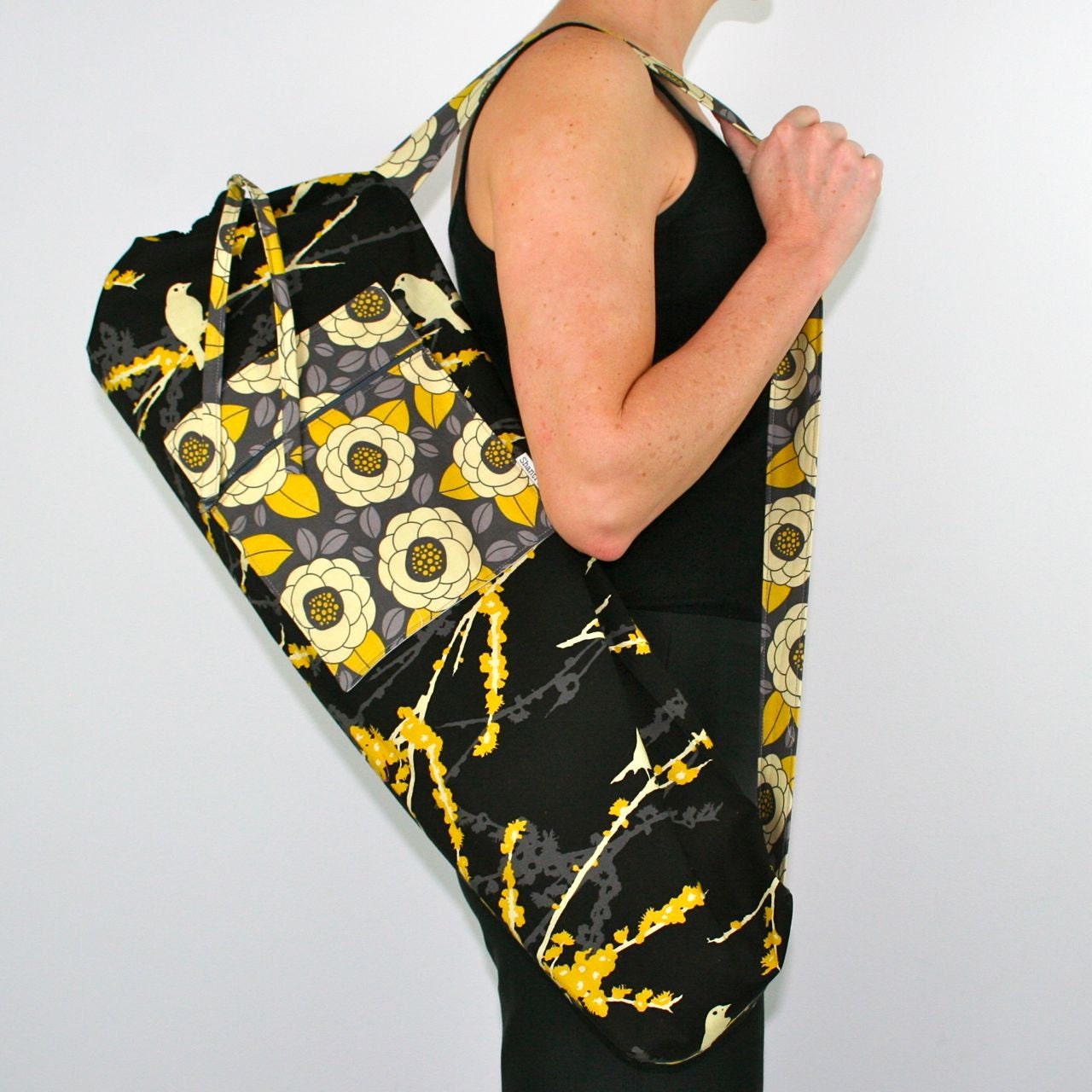 FREE SHIPPING- Yoga Mat Bag in Finches on Black with a Zipper Pocket