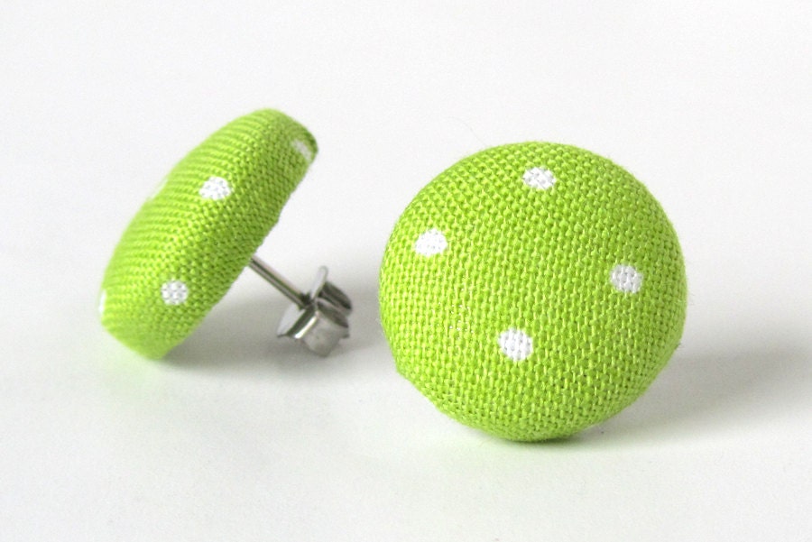 Lime green stud earrings polka dots summer bright white pin up - KooKooCraft