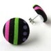 Stud earrings button green pink black stripes bright happy small
