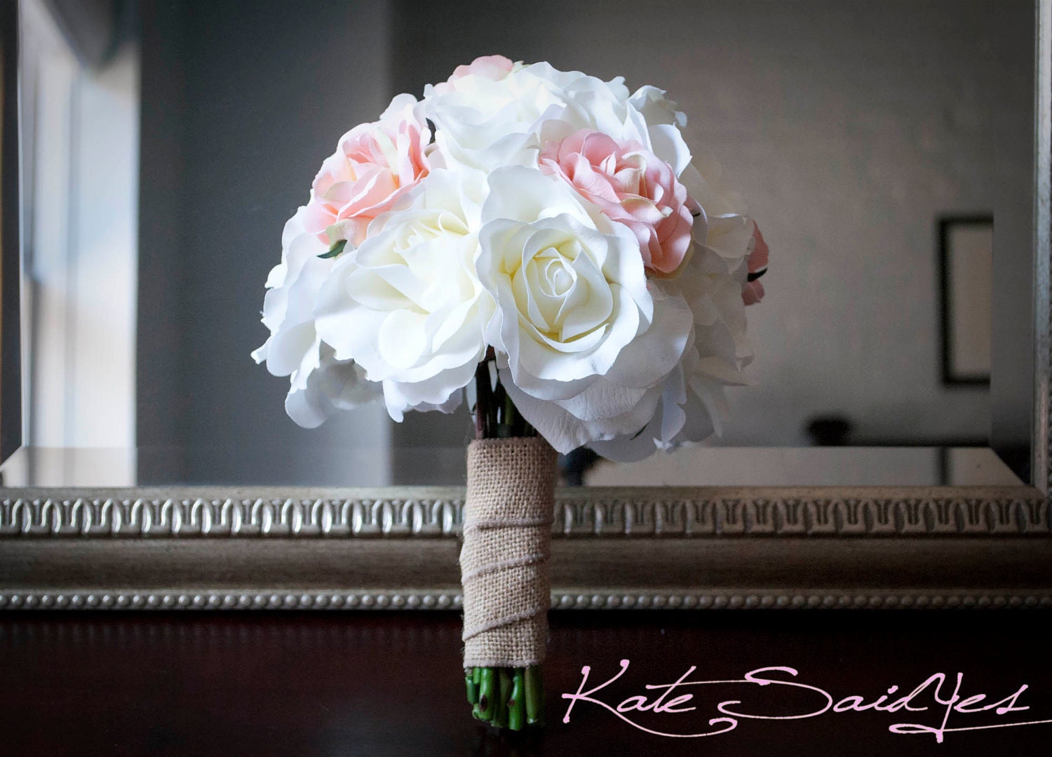 Wedding Bouquet White and Pink Burlap Rose Silk Wedding Bouquet Rustic Shabby Chic Bridal Bouquet