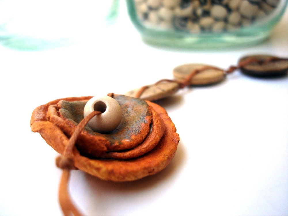 Beaded necklace with Mustard yellow wood clay flower- FREE SHIPPING- made to order
