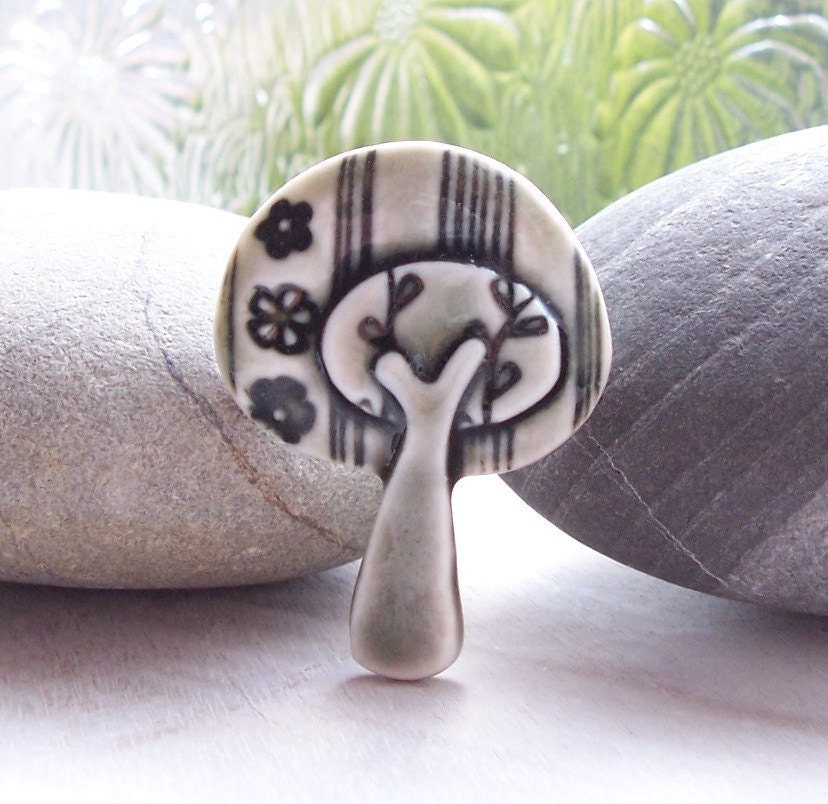 Tree Pin Brooch Porcelain Tree with Flowers and Stripes Glazed Warm Slate Grey Handmade Ceramic Tree Brooch