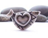 Valentine Love Bird Brooch Pin, Heart and Stripes, Handmade Porcelain Warm Grey Glazed Wearable Love Art Treasure