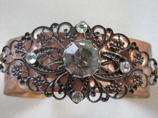 Copper Cuff Bracelet Filigree Rhinestones