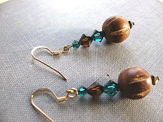 Walnut Bead Earrings with Swarovski Crystals - SALE