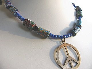 Peace Sign Necklace,  Brass with Polymer Clay Beads, Hippie Jewelry