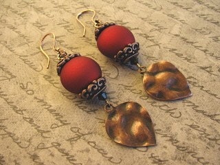 Copper Earrings, Hammered Hearts with Red Beads, Handmade Jewelry, SALE