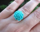 Resin Flower Ring Silver Adjustable Teal Blue Turquoise