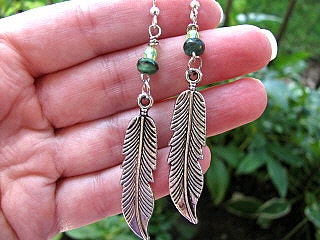 Long Silver Feather Earrings with Green Beads
