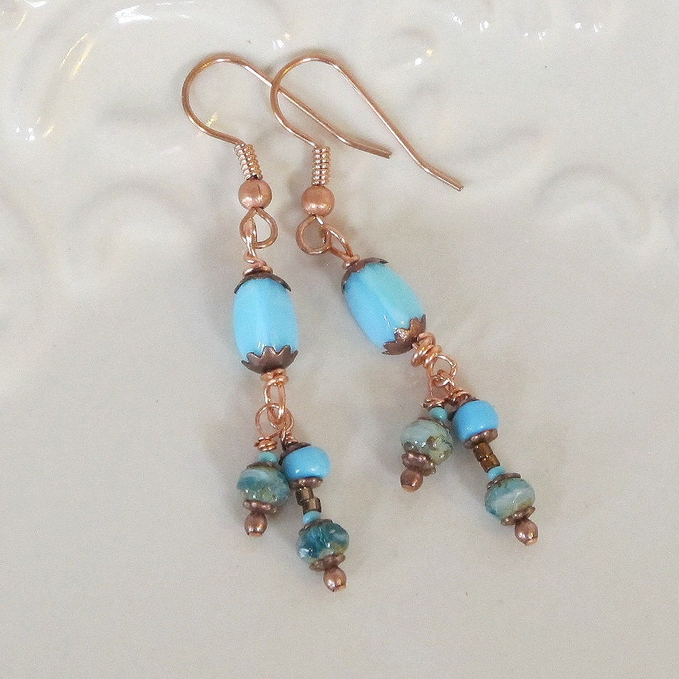 Czech Glass Earrings - Sky Blue with copper