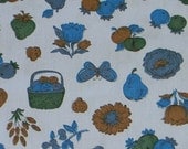 Vintage Mid Century Fabric Yardage - 50s/60s Blue Quilting Cotton w/ Turquoise/Green/Brown Pears/Butterflies/Daisies/Ladybugs - 1 Yard