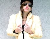 Vintage Fur Coat - Helmut Newton Fetish - Vintage 80s Ivory and Cream Colored Rabbit Fur Coat - Over the Top Hollywood Diva Jacket