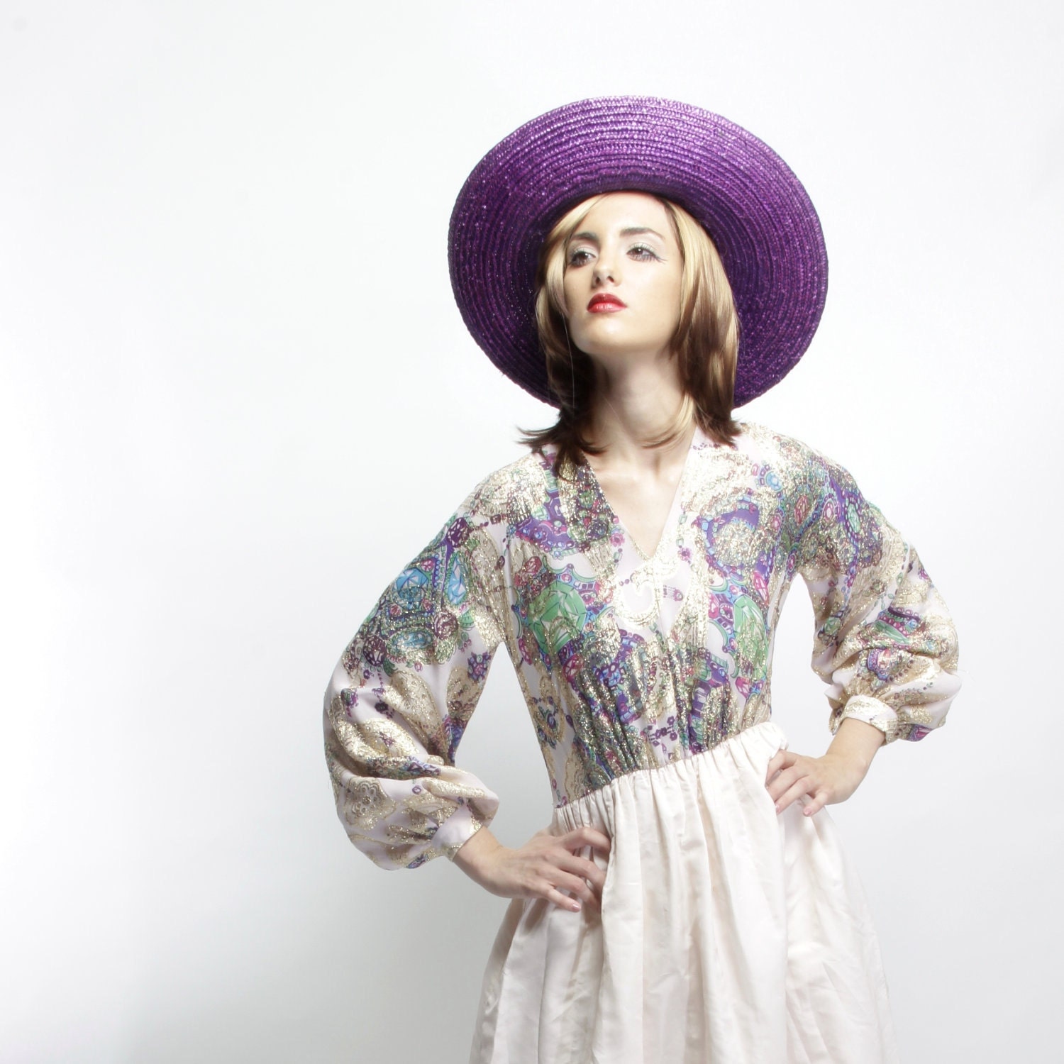 Jewel of the Ganges - Vintage 60s/70s Purple/Gold Metallic Runway/Prom Dress w/ Psychedelic Rainbow Bodice/Maxi Ruffle Skirt