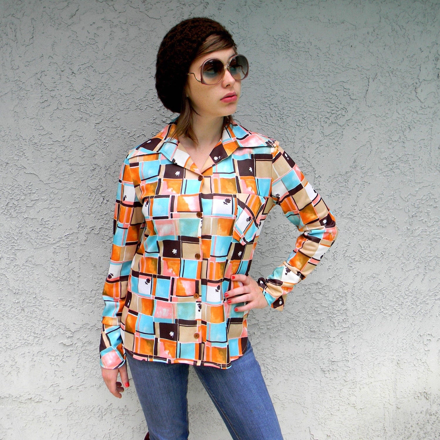 The Marsha Brady Shirt - Vintage 70s Flower Power Blouse/Shirt/Top w/ Trippy Geometric Space Age Pucci Style Design - m/l
