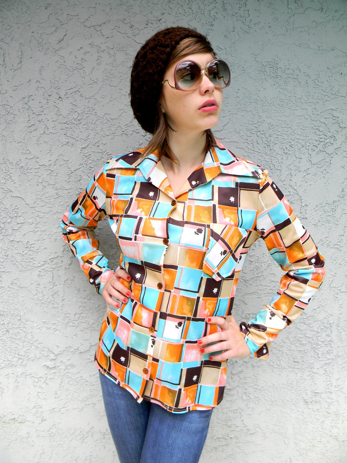 The Marsha Brady Shirt - Vintage 70s Flower Power Blouse/Shirt/Top w/ Trippy Geometric Space Age Pucci Style Design - m/l
