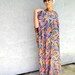 Rainbow Drama Queen - Vintage 70s Purple/Blue/Orange/Yellow/Black/White FLOWER POWER Maxi Cocoon Dress w/ huge batwing/angel wing sleeves