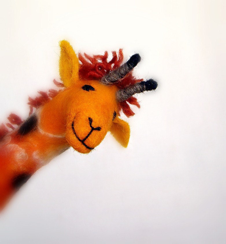 Masamba - Felt Giraffe. Art Animal Marionette, Handmade Puppet, Felted Animals, Stuffed Toy. orange brown yellow.  MADE TO ORDER