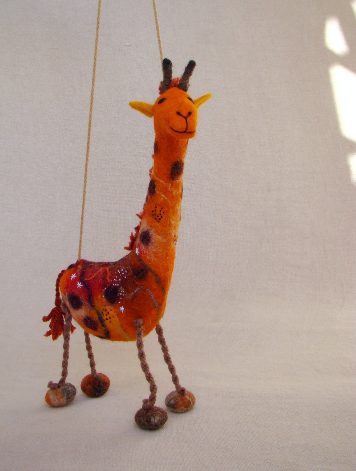 Masamba - Felt Giraffe. Art Animal Marionette, Handmade Puppet, Felted Animals, Stuffed Toy. orange brown yellow.  MADE TO ORDER