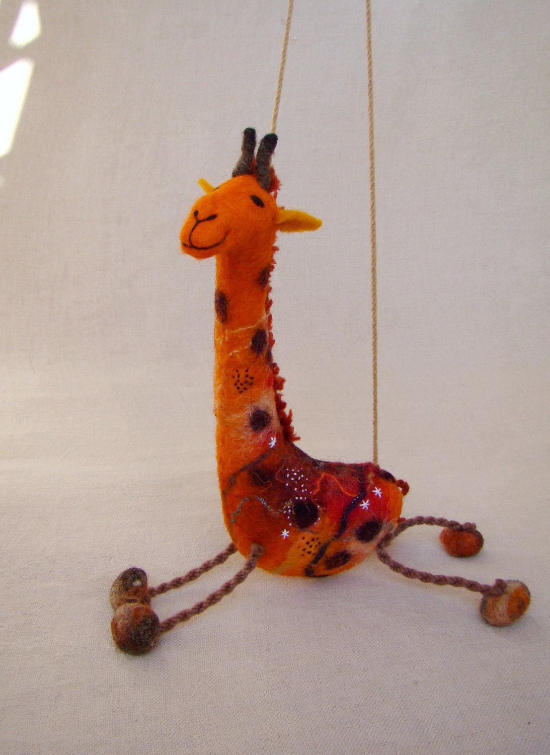 Masamba - Felt Giraffe. Art Animal Marionette, Handmade Puppet, Felted Animals, Stuffed Toy. orange brown yellow.  MADE TO ORDER