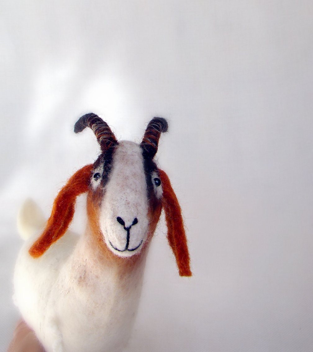 Grethe - Felt Goat. Felted  Art Marionette Puppet Stuffed Animals. Felted Toy. white brown red reddish orange. MADE TO ORDER.