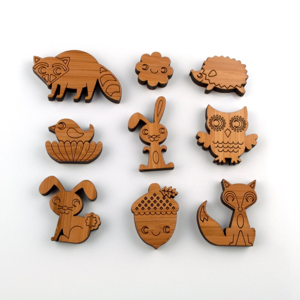 Wooden Animal Magnets: Owl Fox Acorn Raccoon Hedgehog Bird Bunny (Set 1)