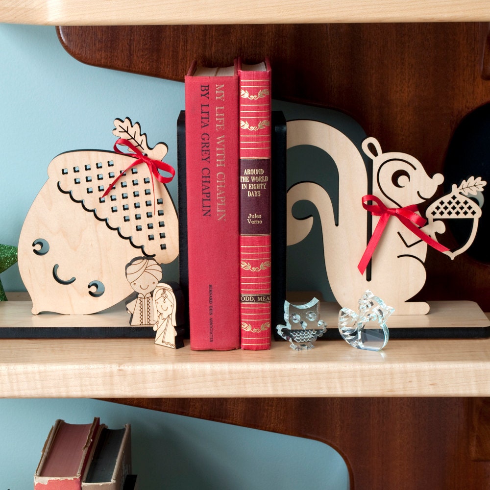 Children's Wood Bookends: Squirrel Acorn Owl Fox Bunny Bird Hedgehog Raccoon Snail, Mix / Match (2)