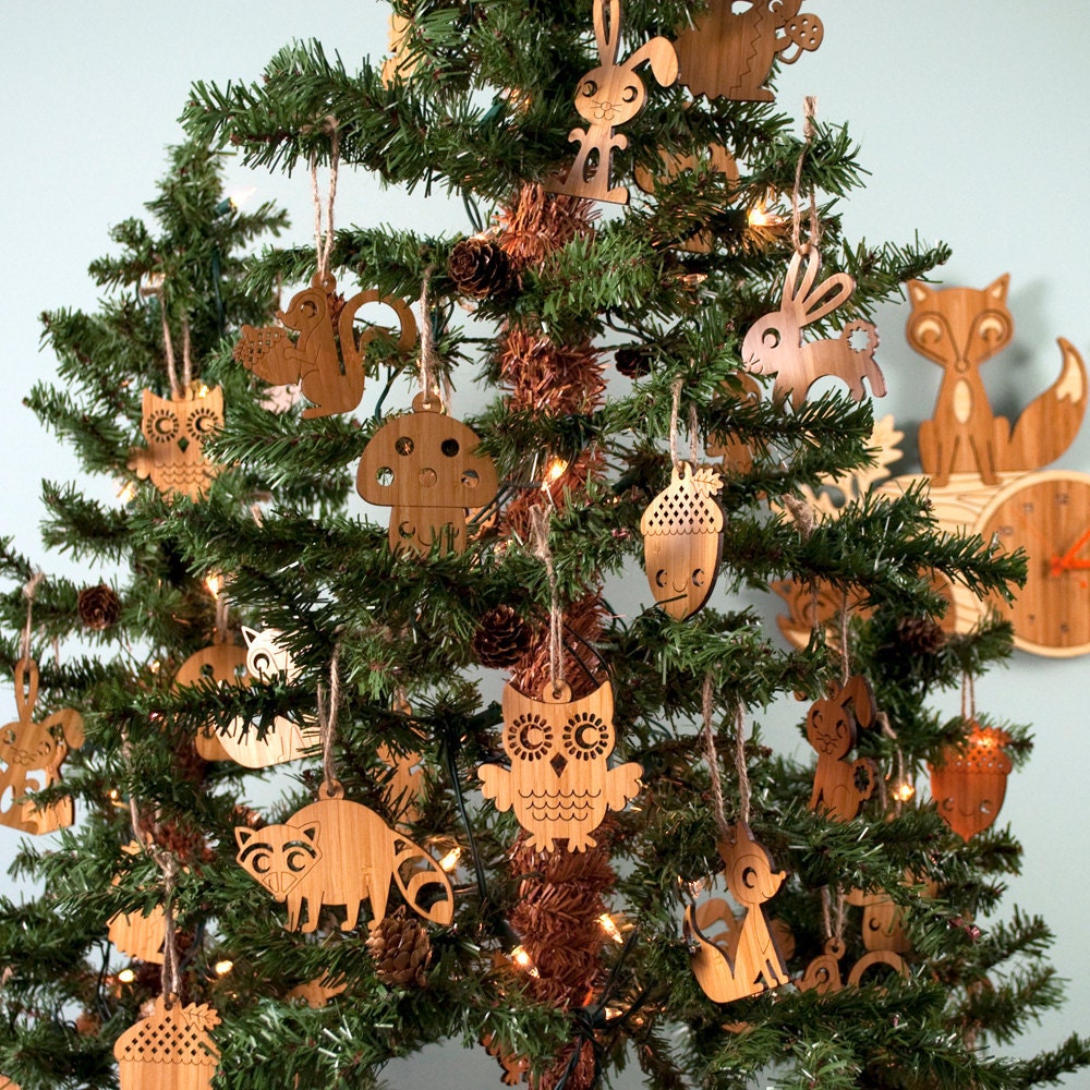 Wooden Christmas Ornaments: Owl Fox Bunny Squirrel Acorn Hedgehog Raccoon Mushroom (Choice of TWO)