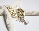 Urban Amethyst and Quartz Stone Leaf Earrings, Wedding Jewelry