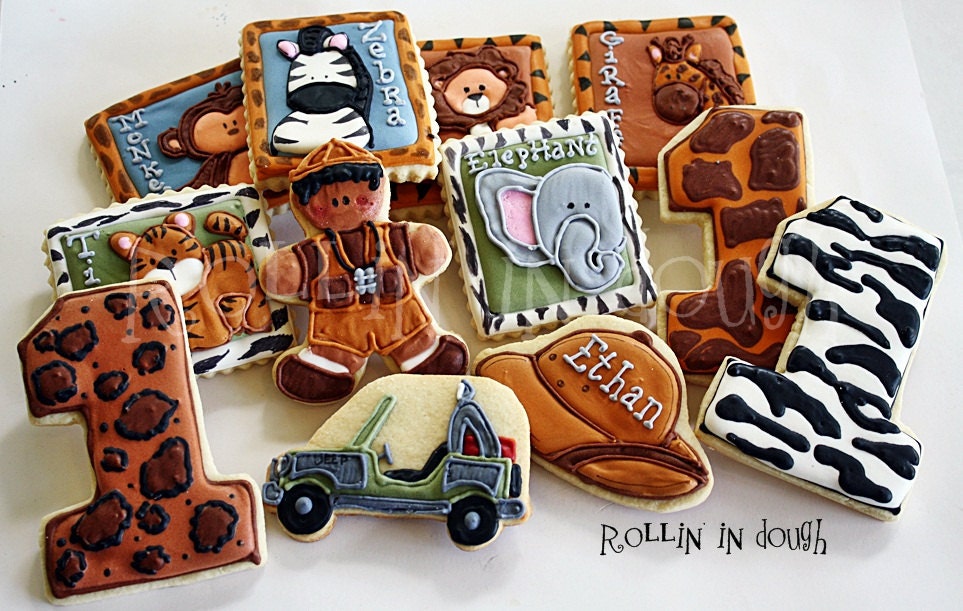 Safari Theme Cookies, Monkey, Tiger, Lion, Zebra, Giraffe, Elephant Cookies, Zoo Theme Cookies - 1 Dozen