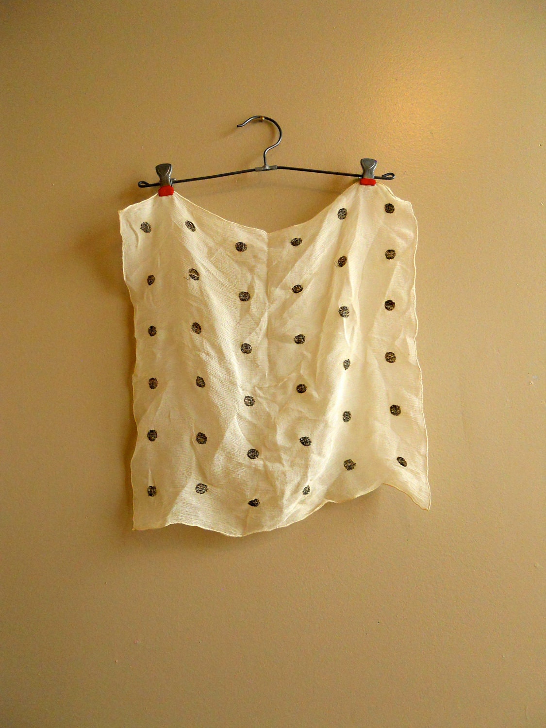 1930s / 1940s Silk Georgette White Handkerchief with Embroidered Polka Dots  - Bridal, Wedding