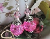 Pink Crackle Glass and Swarovski Crystal Earrings