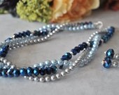 Multistrand Pearl and Crystal Necklace and Earring Set Featuring Silver and Blue Pearls and Sapphire Blue Crystals