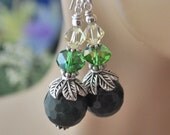Green Tree Agate Faceted Gemstones with Emerald Green and Citron Yellow Swarovski Crystal Earrings