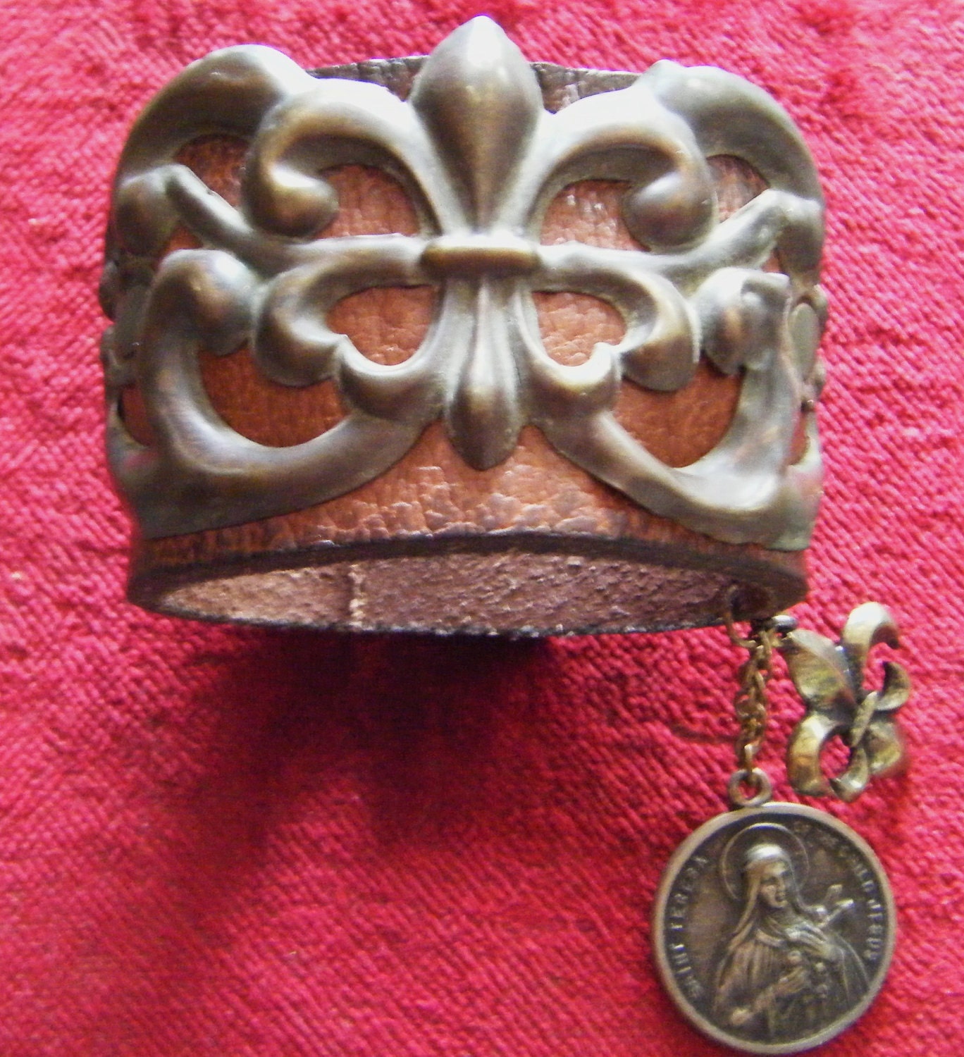 Fleur de lis cuff Saint Teresa religious leather bracelet French antique jewelry assemblage one of a kind
