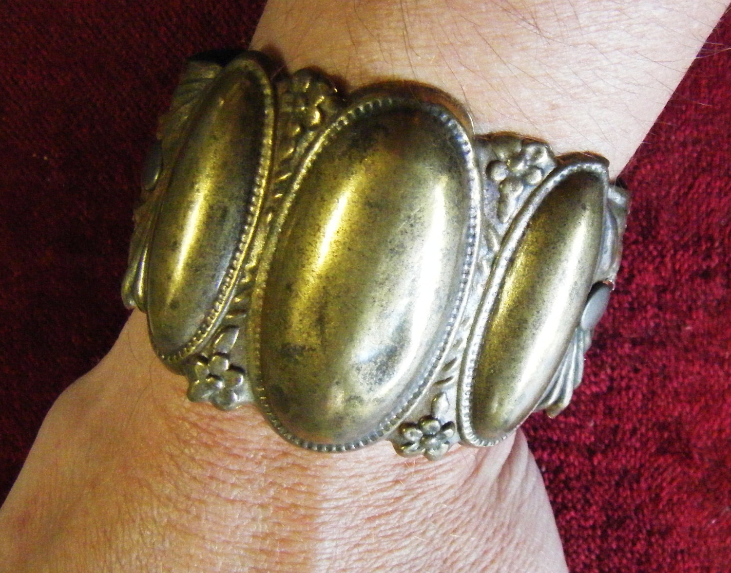 Leather cuff bracelet Victorian repousse antique flower one of a kind jewelry assemblage