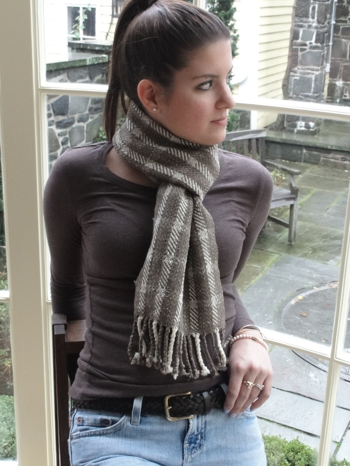 Woven Merino Scarf in Natural White and Chocolate Brown Wool