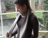 Woven Merino Scarf in Natural Taupe, Rich Chocolate Brown and White Wool with Knotted Fringe
