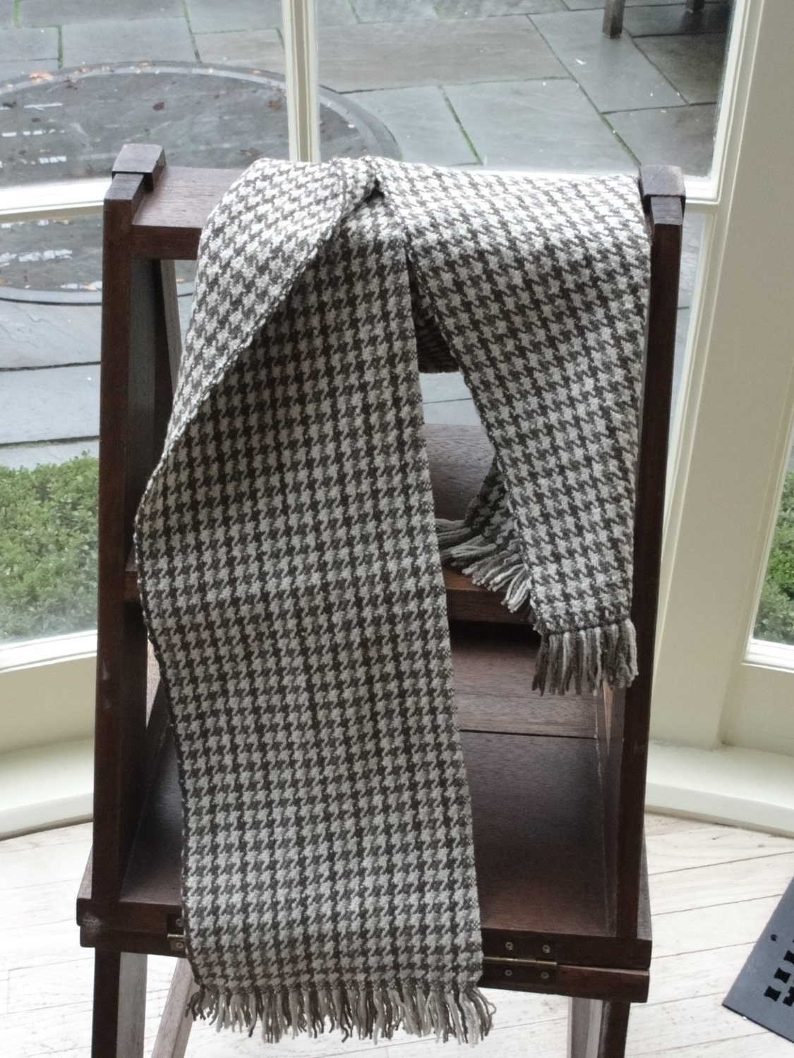 Woven Merino Scarf in Natural Taupe, Rich Chocolate Brown and White Wool with Knotted Fringe