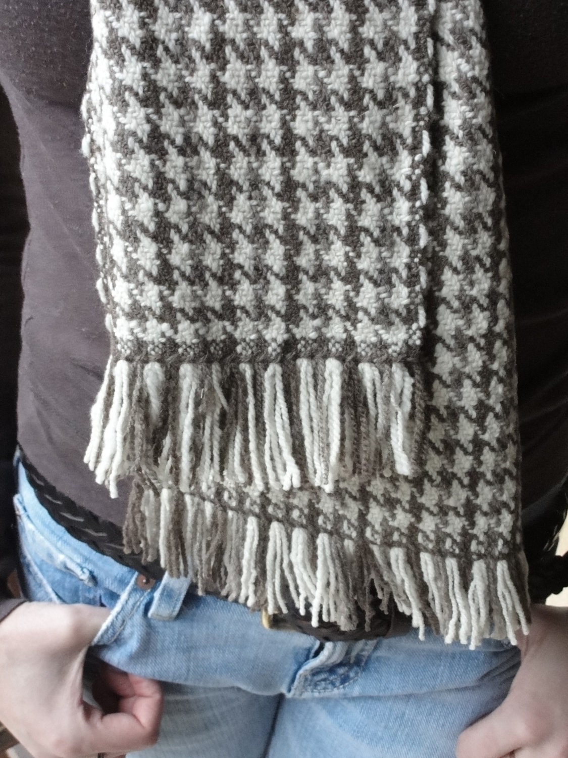 Woven Merino Scarf in Natural Taupe, Rich Chocolate Brown and White Wool with Knotted Fringe