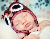 Owl Earflap Hat - Brown and Rose sizes baby, toddler, kid