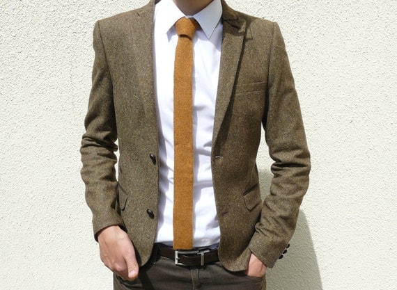 Skinny Knitted Tie in Golden Mustard Brown Lambswool - MADE TO ORDER