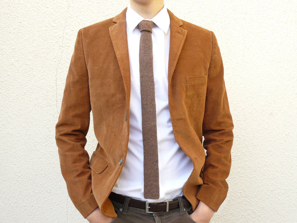 Knit Tie Skinny Necktie in Tobacco Tweed Brown Lambswool - Gift for Men Dad Boss Under 50 MADE TO ORDER