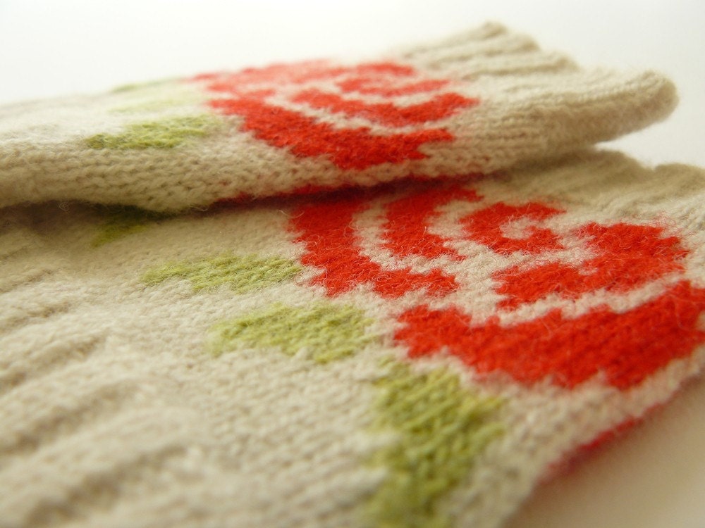 Short Wrist Warmers Fairisle Fingerless Gloves Red Rose in Putty and Tartan Scarlet Gift for Her - MADE TO ORDER