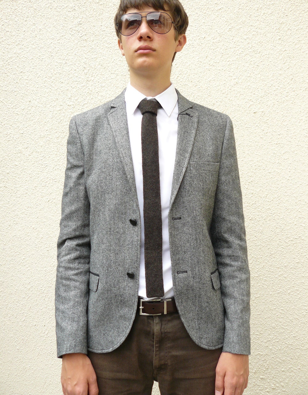 Knitted Mens Skinny Neck Tie in Flecked Coffee Bean Brown Lambswool - Groomsmen attire