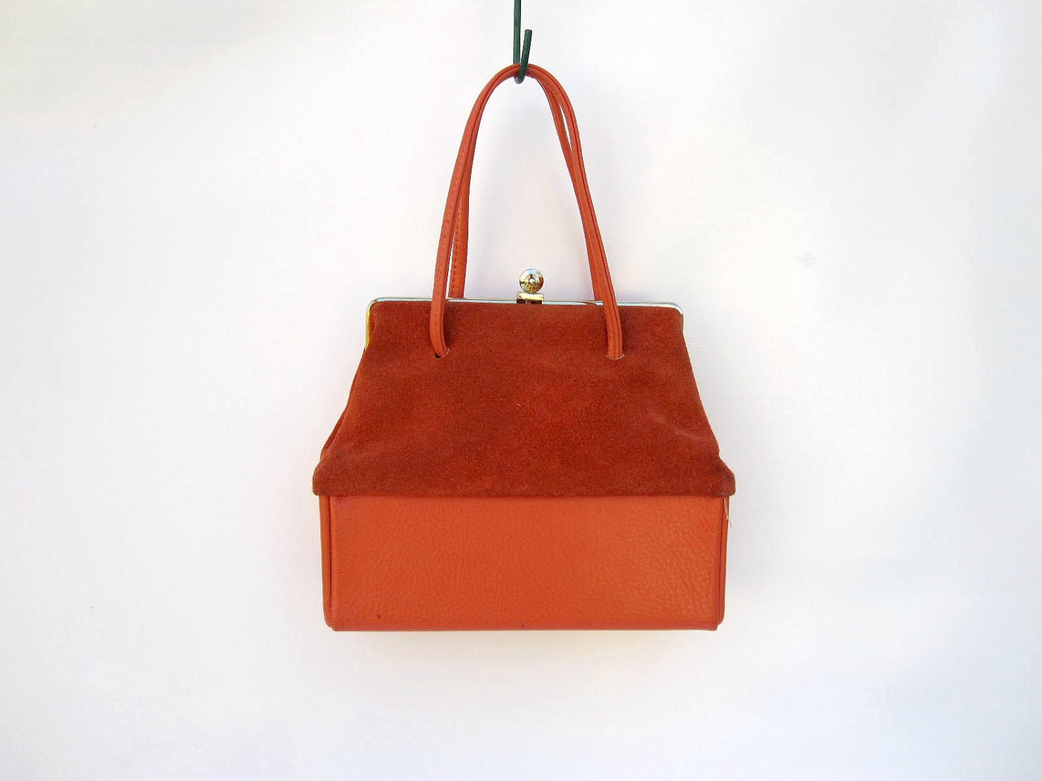 Summer Orange Purse - Suede Handbag - Yellow Interior 1960s Bag