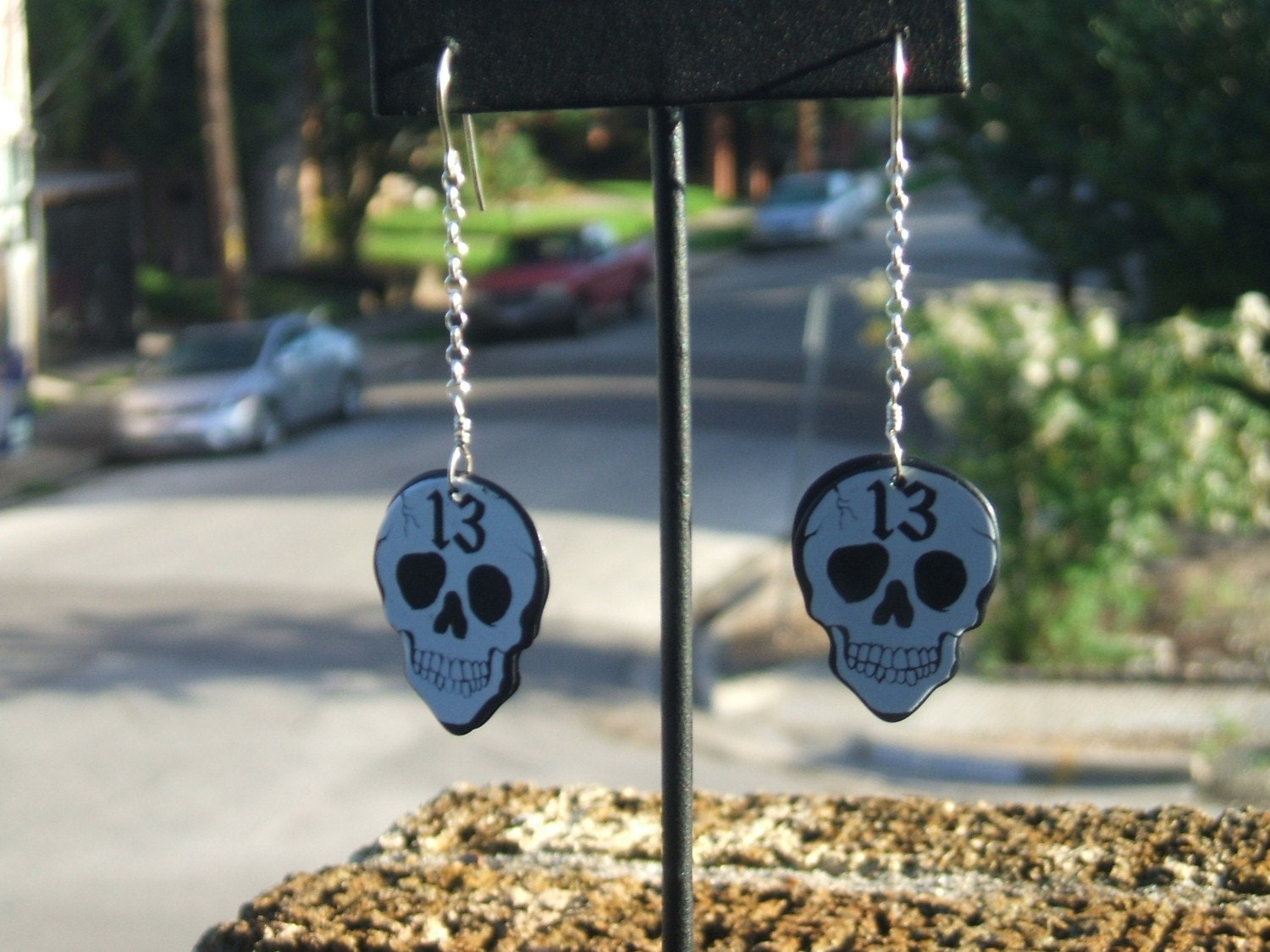 Skull 13 guitar pick earrings