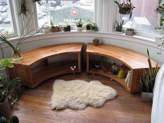 Curved Bay Window Bench, Recycled Douglas Fir